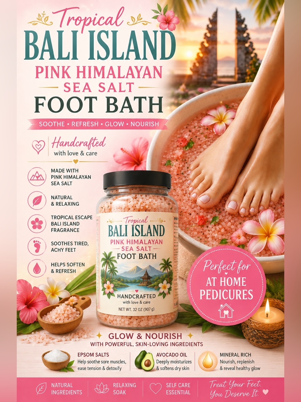 Handcrafted Pink Himalayan Sea Salt Foot Bath - pedicure Soothing Foot Soak